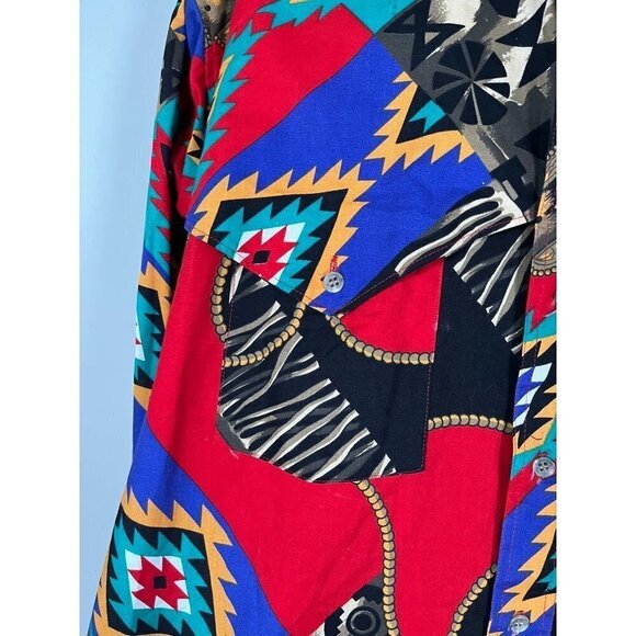 Wrangler Shirt L Red Western Cowboy Military Floral Tropical Resort Mature 80s - Picture 3 of 12